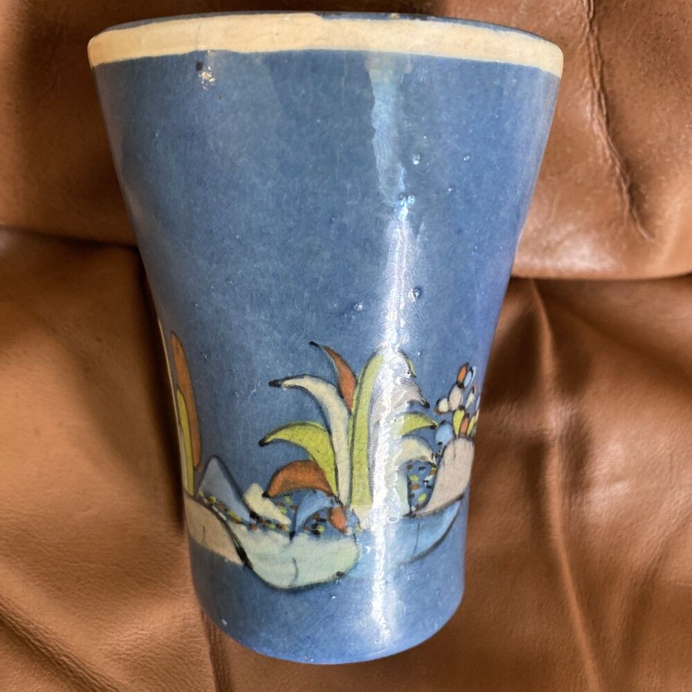 Vintage 40s Mexican TLAQUEPAQUE BLUE ARIAS STYLE Redware Cup Signed
